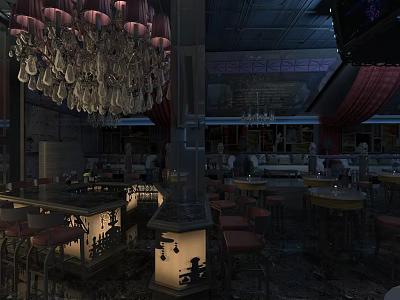 Elegant Bar Interior Design With Chandelier Bar Counter And Tables Chairs 3d model