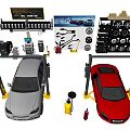 Car Repair Workshop With White And Red Cars Tools Tires And Equipment