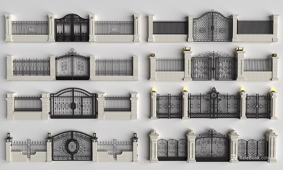 Garden Courtyard Wrought Iron Gates And Fences With Various Decorative Designs And Stone Pillars 3d model 