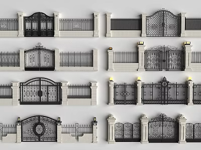Garden Courtyard Wrought Iron Gates And Fences With Various Decorative Designs And Stone Pillars 3d model