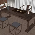Traditional Wooden Tea Table With Chairs Stools And Tea Set For Indoor Use