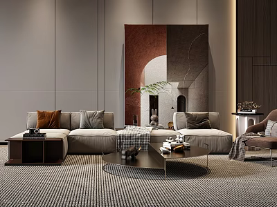 Elegant Modern Sofa Coffee Table Set With Decorative Pillows Area Rug And Wall Art 3d model