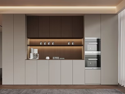 Modern Kitchen Interior With Light Cabinets Dark Shelving Built-in Ovens And Coffee Machine 3d model