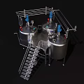 Industrial Equipment Featuring Stainless Steel Tanks With Blue Valves Pipes Metal Stairs And Platform