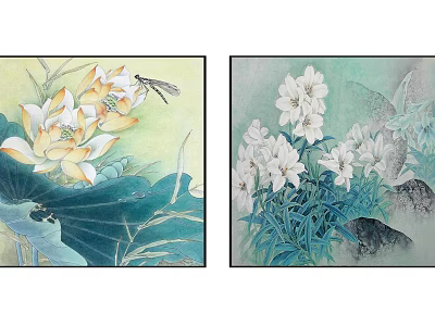 Botanical Paintings Featuring Lotus Dragonfly And White Flowers With Green Leaves 3d model