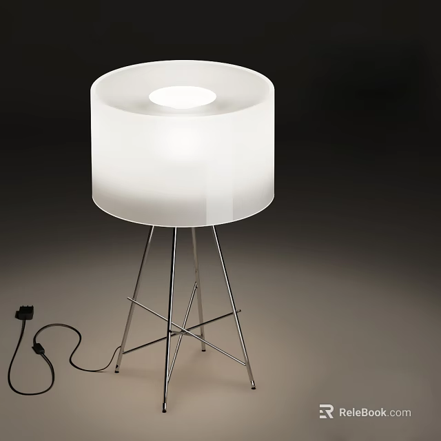 Illuminated Modern Table Lamp With White Cylindrical Lampshade And Metal Stand 3d model 