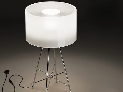 Illuminated Modern Table Lamp With White Cylindrical Lampshade And Metal Stand 3d model