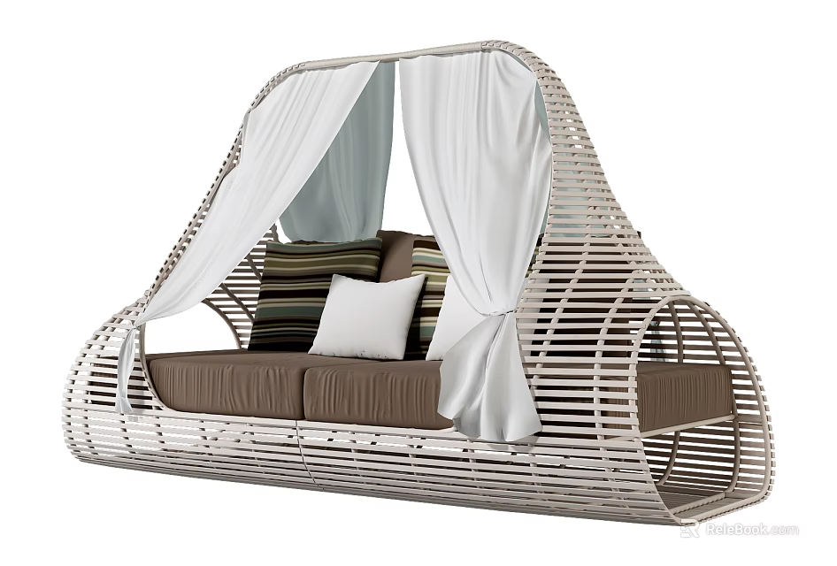 Stylish Wicker Outdoor Sofa With White Curtain And Striped Solid Pillows 3d model 