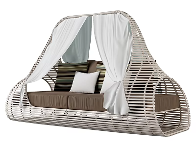 Stylish Wicker Outdoor Sofa With White Curtain And Striped Solid Pillows 3d model