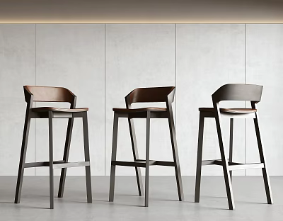 Three Modern Wooden Bar Stools With Brown Seats And Minimalist Design In Contemporary Interior 3d model
