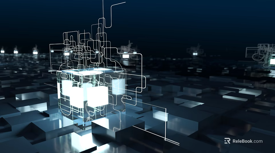 Futuristic Sci Fi Cityscape with Glowing Cubes Neon Lines and Reflective Block Ground 3d model 