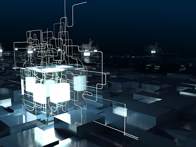 Futuristic Sci Fi Cityscape with Glowing Cubes Neon Lines and Reflective Block Ground 3d model