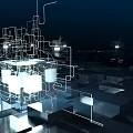 Futuristic Sci Fi Cityscape with Glowing Cubes Neon Lines and Reflective Block Ground