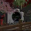 Traditional Bar Space Featuring Round Archway Lantern Lights Red Sculpture And Garden View