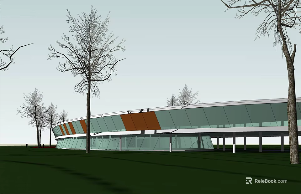 Modern Architectural Structure With Curved Glass Facade And Surrounding Trees On Green Lawn 3d model 