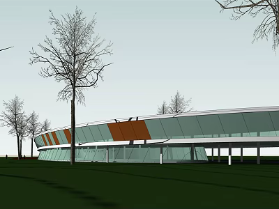 Modern Architectural Structure With Curved Glass Facade And Surrounding Trees On Green Lawn 3d model