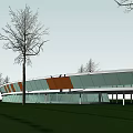 Modern Architectural Structure With Curved Glass Facade And Surrounding Trees On Green Lawn