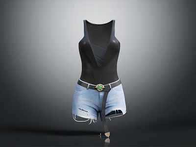 Black Deep V Neck Tank Top With Blue Distressed Denim Shorts And Green Buckle Belt 3d model