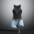 Black Deep V Neck Tank Top With Blue Distressed Denim Shorts And Green Buckle Belt