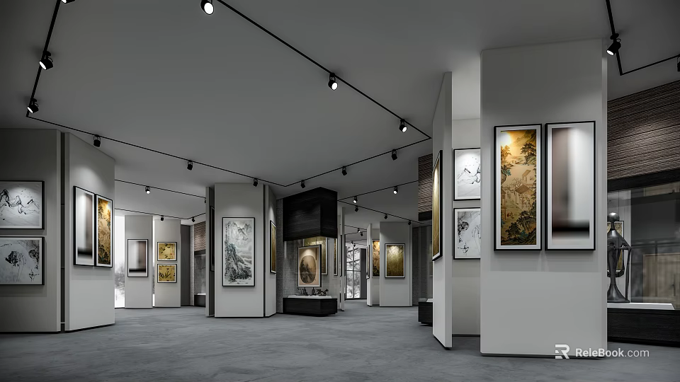 Book Art Gallery With Modern Design Featuring Various Artworks On Walls And Spotlights 3d model 