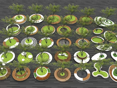 Diverse Tree Planters Landscape Design With Various Shapes And Wooden Frames 3d model