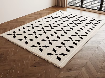 Square Rug with Black Geometric Patterns Beige Background on Herringbone Wooden Floor and Fringe Detail 3d model