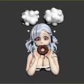 Anime Character With Light Blue Hair Pigtails Clouds Red Eyes Holding Chocolate Donut Dripping Sauce