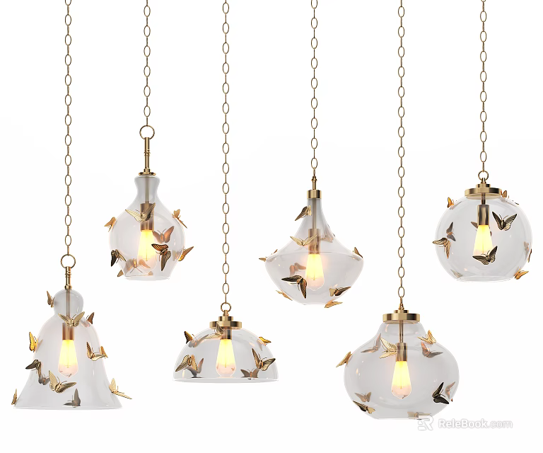 Elegant Butterfly Glass Chandeliers With Gold Chain And Unique Shapes 3d model 