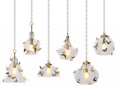 Elegant Butterfly Glass Chandeliers With Gold Chain And Unique Shapes 3d model