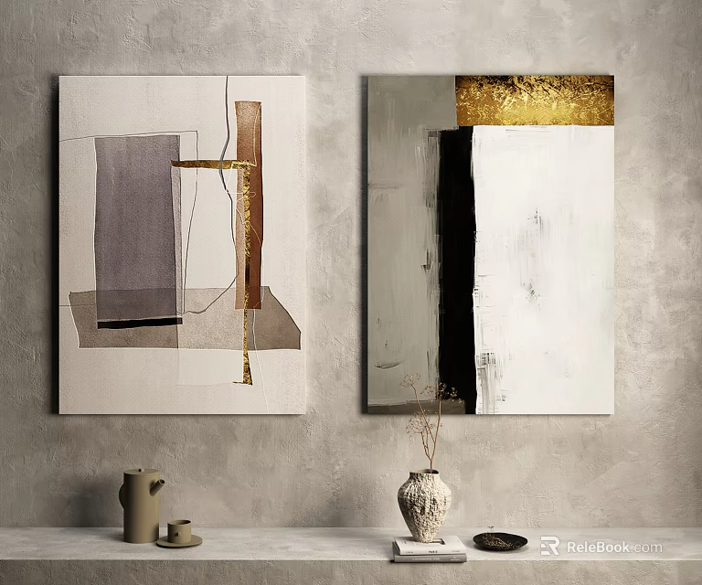 Abstract Paintings On Gray Wall With Decorative Clay Pot And Vase 3d model