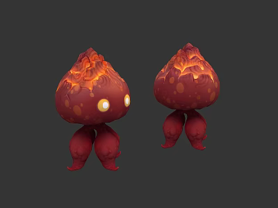 Cute Red Cartoon Creatures With Flame Shaped Tops Yellow Eyes And Spotty Bodies 3d model