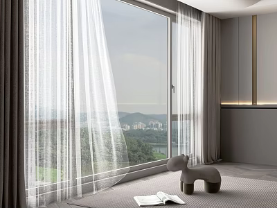 Sheer And Linen Curtains For Large Window With Scenic View In Cozy Room 3d model