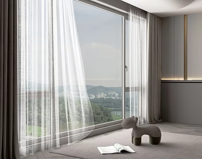 Sheer And Linen Curtains For Large Window With Scenic View In Cozy Room 3d model