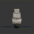 Vintage Sailing Ship With White Full Sails And Wooden Hull On Blue Water