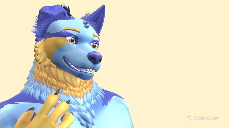 Animated Game Character With Blue Yellow Fur Wolf Like Smile And Detailed Paws 3d model 