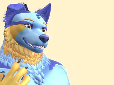 Animated Game Character With Blue Yellow Fur Wolf Like Smile And Detailed Paws 3d model
