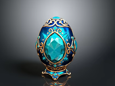 Ornate Turquoise Blue Decorative Egg With Intricate Golden Patterns And Gemstone Base 3d model
