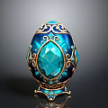 Ornate Turquoise Blue Decorative Egg With Intricate Golden Patterns And Gemstone Base