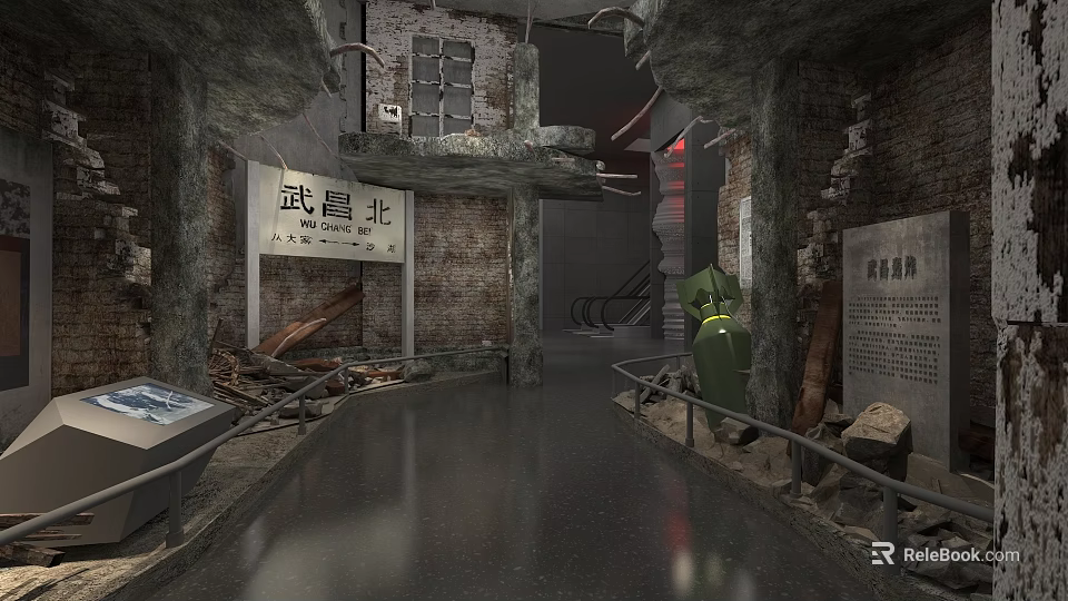 Wuchang North Cultural Center Exhibition Hall With Ruined Brick Walls And Historical Displays 3d model 