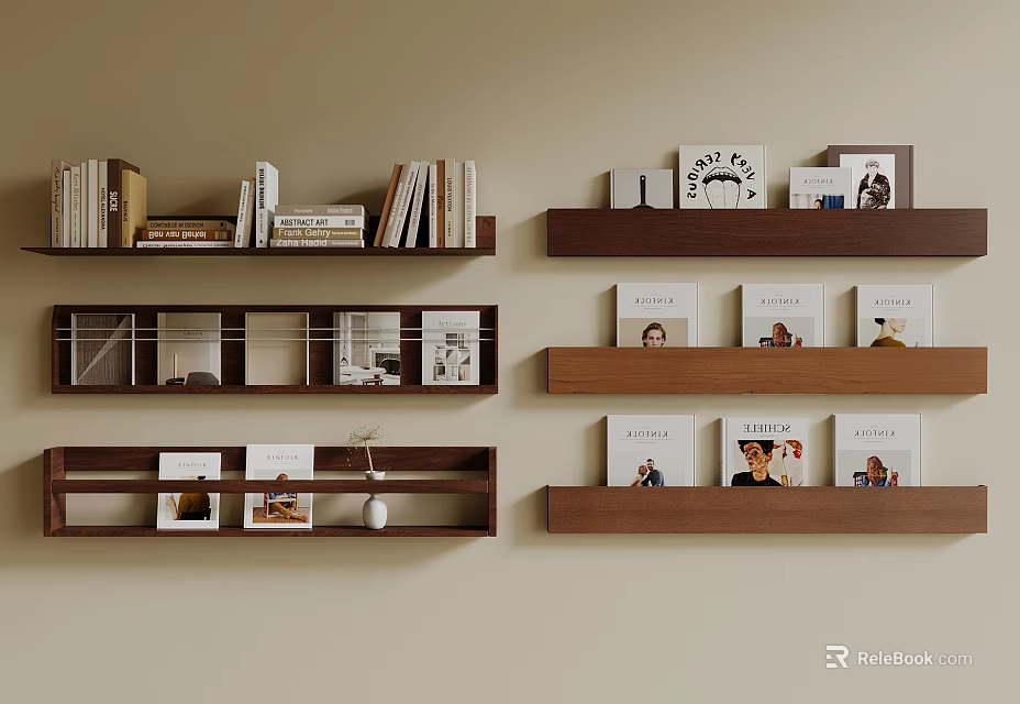 Modern Wooden Bookshelf Design With Books Photo Frames And Decor Items 3d model 