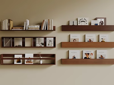 Modern Wooden Bookshelf Design With Books Photo Frames And Decor Items 3d model