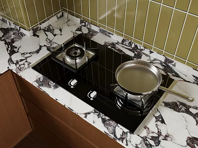 Modern Kitchen Black Gas Stove With Pans On Marble Countertop Green Tiled Wall Brown Cabinets 3d model
