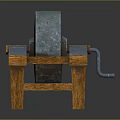 Traditional Stone Grinding Mill With Wooden Base And Metal Handle