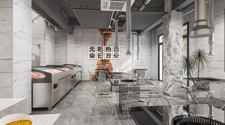Industrial Interior Space With Marble Walls And Transparent Chairs 3d model 