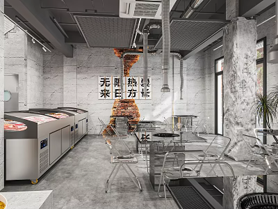 Industrial Interior Space With Marble Walls And Transparent Chairs 3d model
