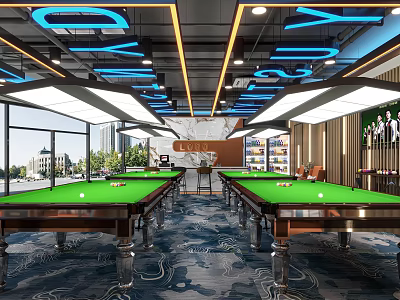 Modern Billiards Room Interior With Pool Tables And Stylish Lighting 3d model