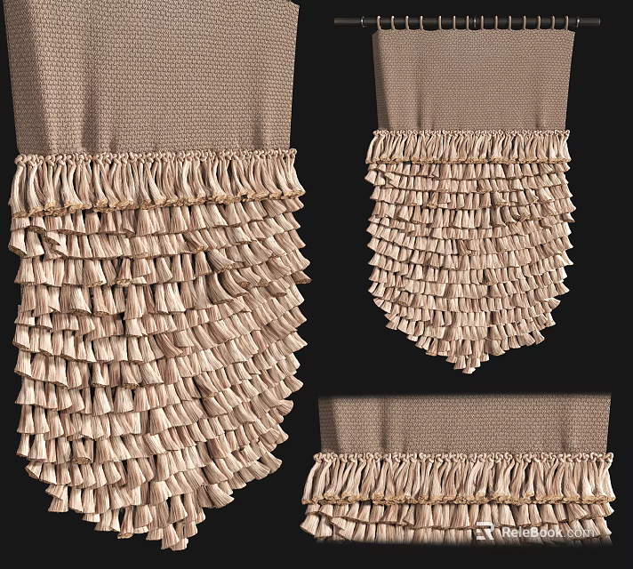 Elegant Layered Ruffled Curtains with Fringed Edges in Beige Fabric Design 3d model 