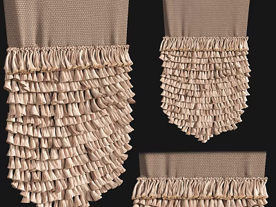 Elegant Layered Ruffled Curtains with Fringed Edges in Beige Fabric Design 3d model