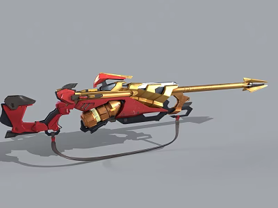 Futuristic Red And Gold Mechanical Weapon With Long Barrel And Intricate Design 3d model