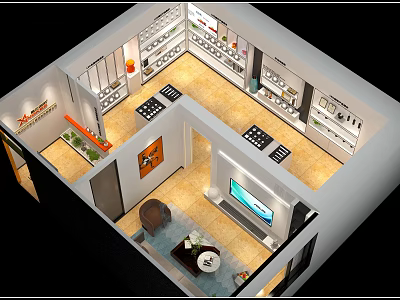Manufacturing Product Exhibition Hall With Display Shelves TV Screen And Showroom Layout 3d model